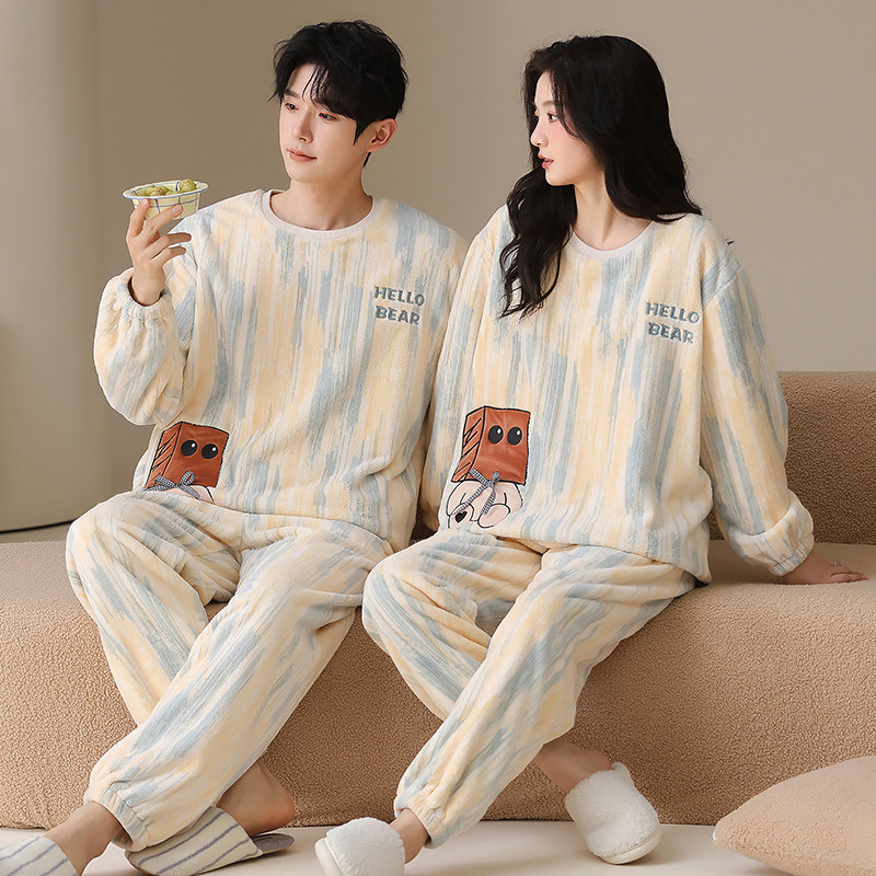 珊瑚绒情侣睡衣冬季加厚保暖一男一女加绒法兰绒可爱卡通家居服58