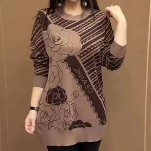 冬季气质潮流显瘦高端收腰减龄圆领针织衫时尚宽松妈妈中长款毛衣