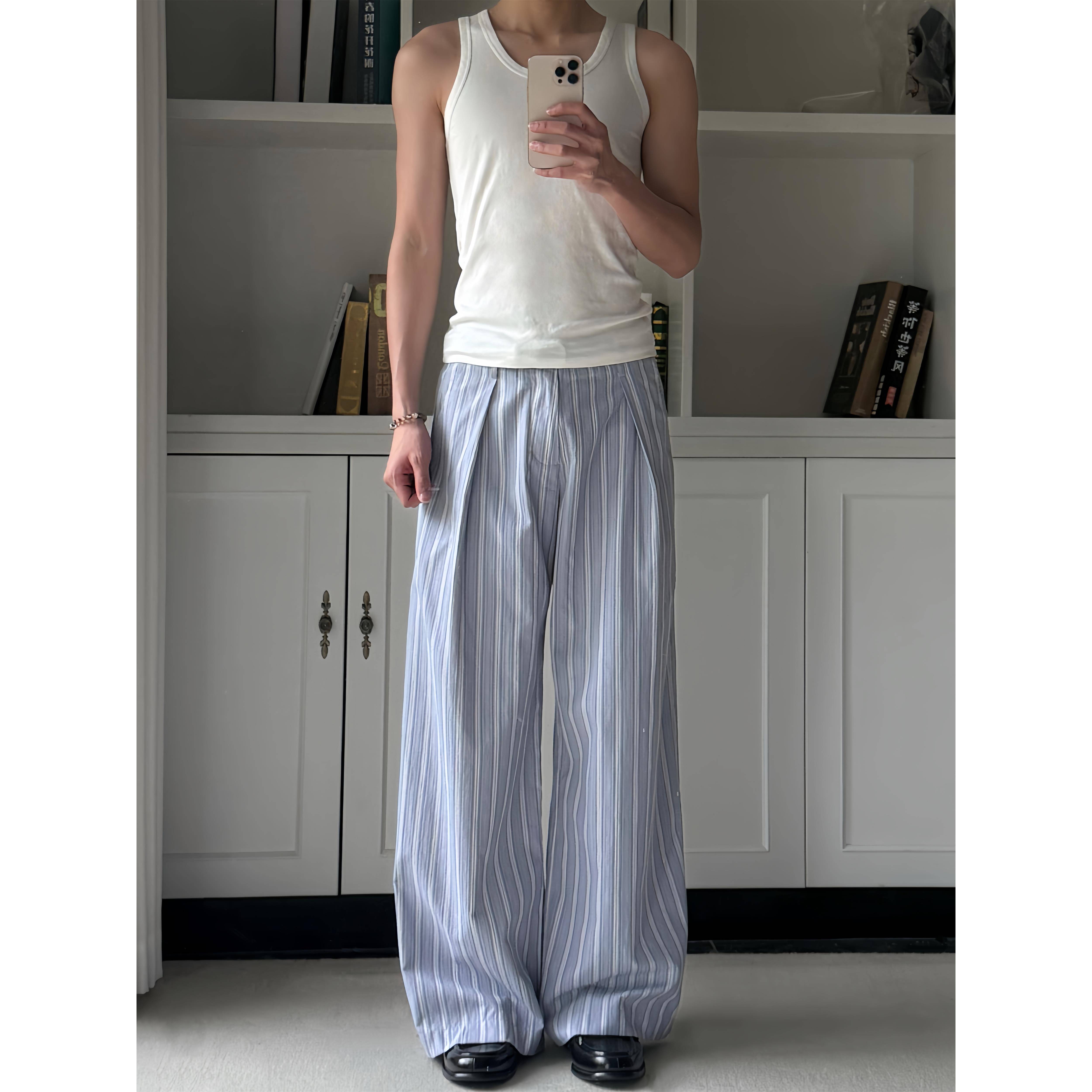 Xanvas淡蓝色条纹打褶覆合a字阔腿西裤百搭通勤日常休闲cleanfit