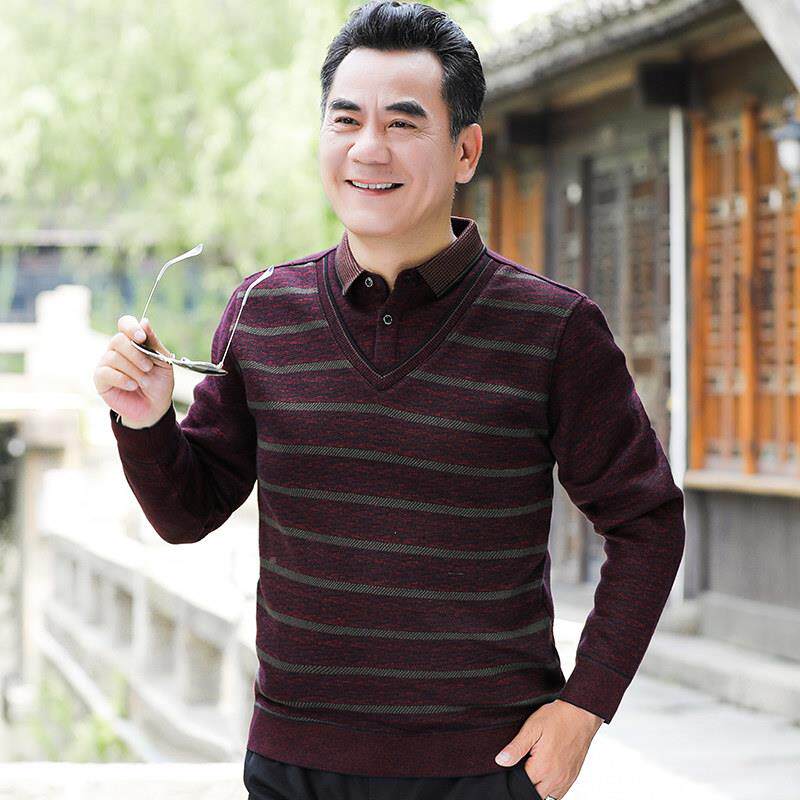 衫爸爸男毛衣加绒加R268-x厚保暖假两装件老头秋冬季中老年人爷爷
