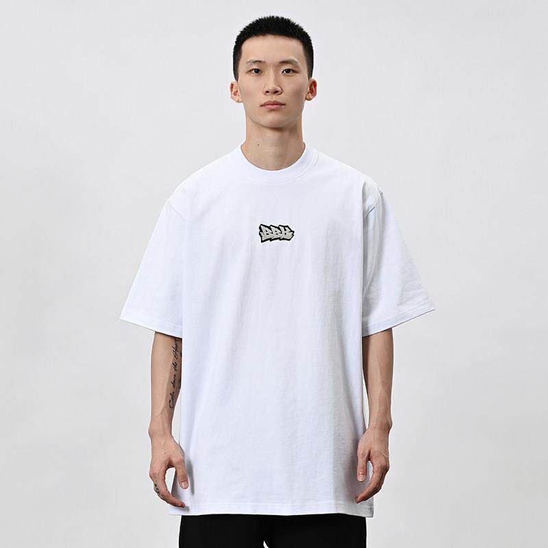 bboy宽松 纯色t恤重磅街舞嘻哈打底hiphop小领刺绣短袖 说唱滑板