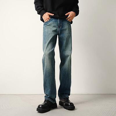 CONVERGES秋冬覆古做旧竹节弹力水洗牛仔裤男款宽松直筒潮流长裤