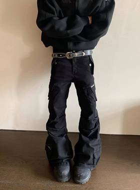 Aoc美国黑色街头多瓣口袋裤，宽松的金属铆钉拼接大炮裤修身裤稍