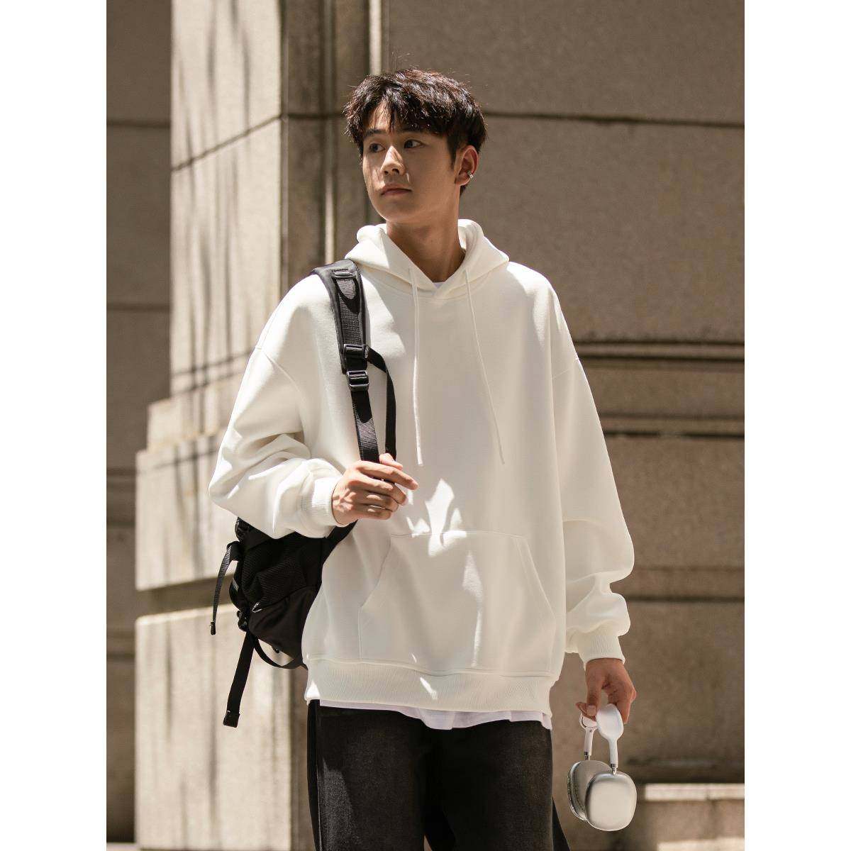 秋季新款重磅硬挺白色连帽卫衣男青少年宽松纯色运动套头带帽衫潮