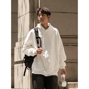 秋季新款重磅硬挺白色连帽卫衣男青少年宽松纯色运动套头带帽衫潮
