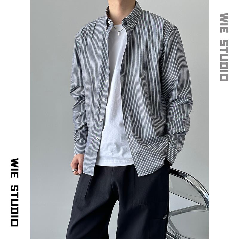 WIE STUDIO 2025轻青年衬衫打底叠穿男条纹开襟外套长袖休闲衬衫