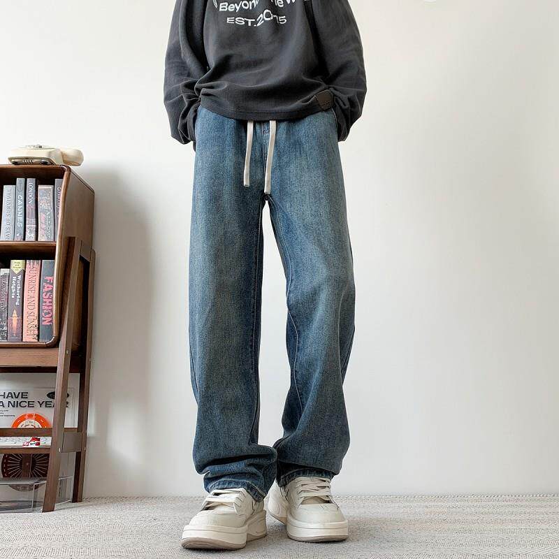 松紧腰牛裤宽松直新筒宽裤QUJ2026款仔春男夏美式抽绳蓝色休闲裤