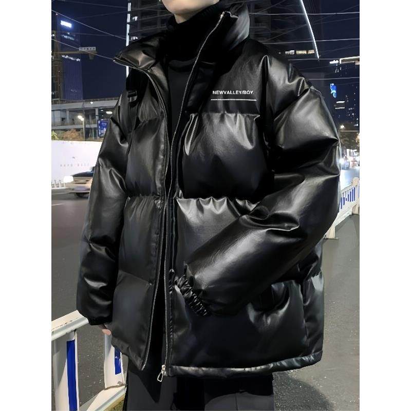 冬季PU皮羽绒服男士新款加厚保暖立领港风休闲免洗皮衣棉服外套