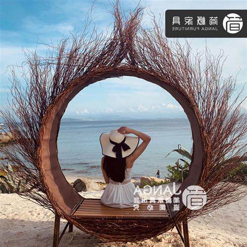 巴厘岛网红鸟巢秋千景区打卡婚纱拍摄道具创意圆形床户外吊篮