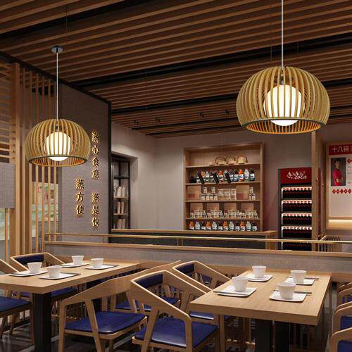 现代中式餐厅客厅实木吊灯创意鸟笼面店木艺吊灯单头木质日式灯具