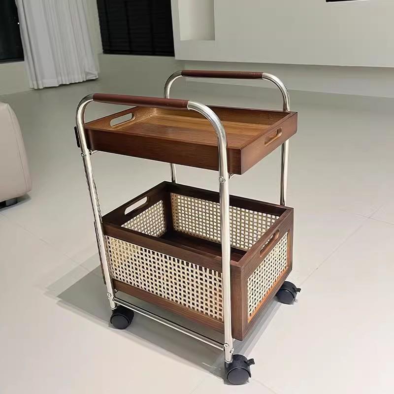 小推车中古边几实木客厅沙发边柜置物柜高级可移动茶水架角几藤编