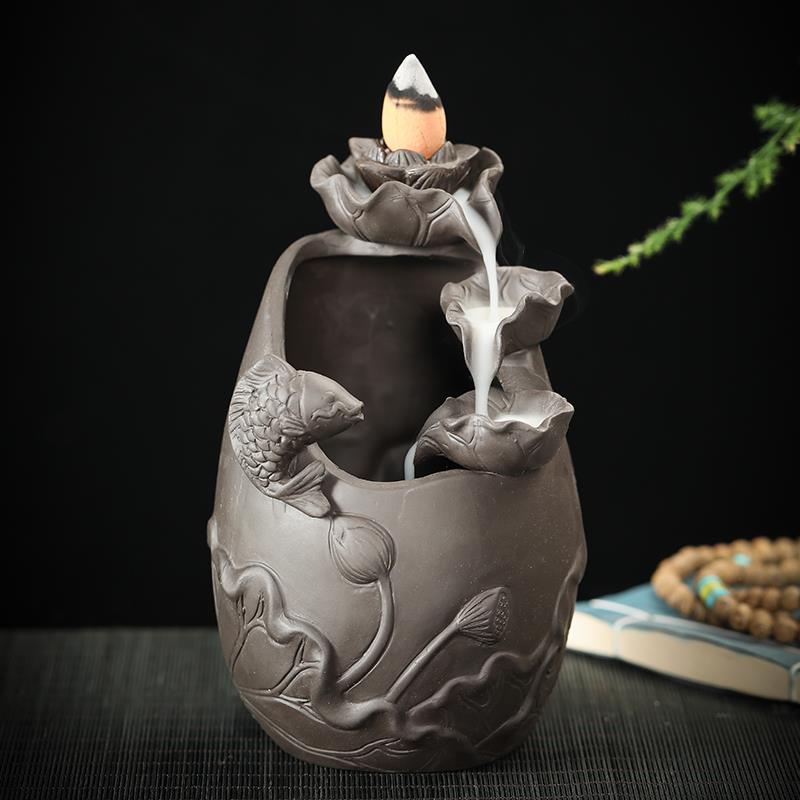 宇轩 紫砂茶宠倒流香炉锦鲤摆件鱼戏荷塘手工可爱招财件茶桌茶玩