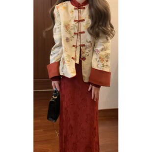 外贸出口转内销新中式国风套装秋冬高级感碎花盘扣夹棉外套红色旗