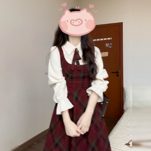 外贸出口转内销红色格子背带连衣裙子女秋冬新款跨过新战袍穿搭套