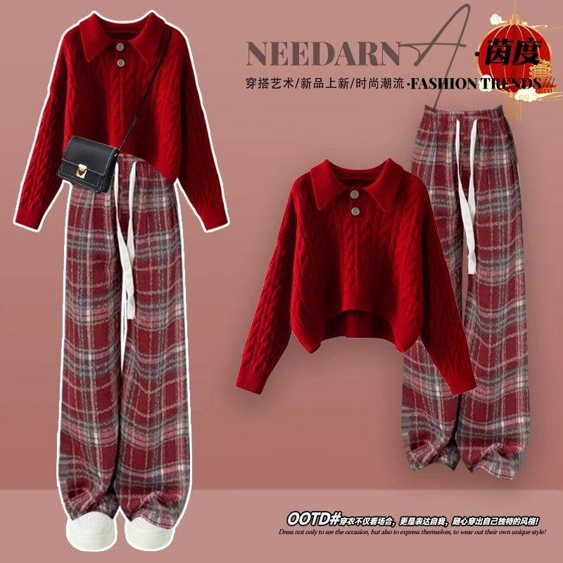 外贸出口转内销新套装秋季款女本命红色毛衣格子阔腿裤小个子穿搭