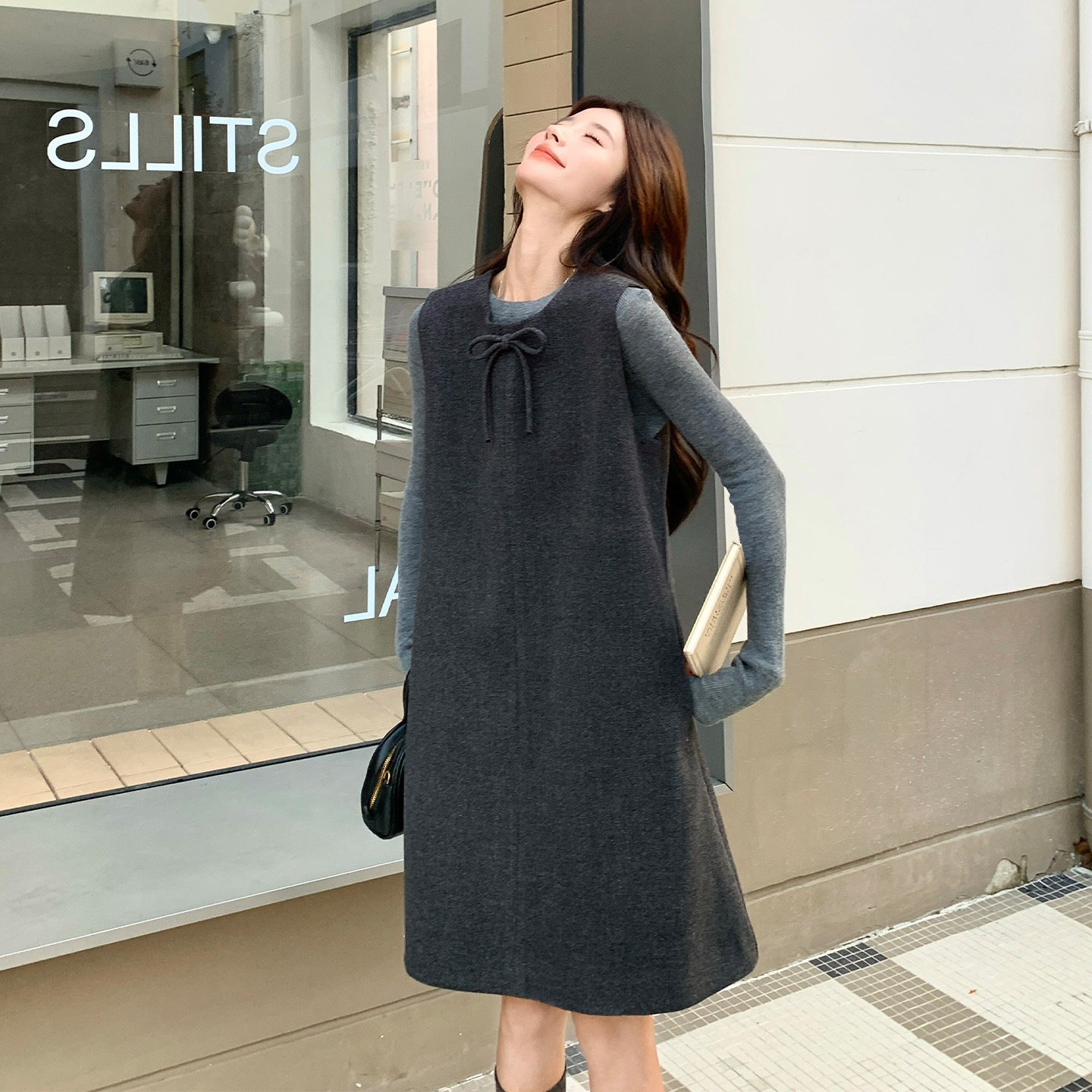 外贸出口转内销灰色韩系小香风背心连衣裙套装女秋小个子打底衫a