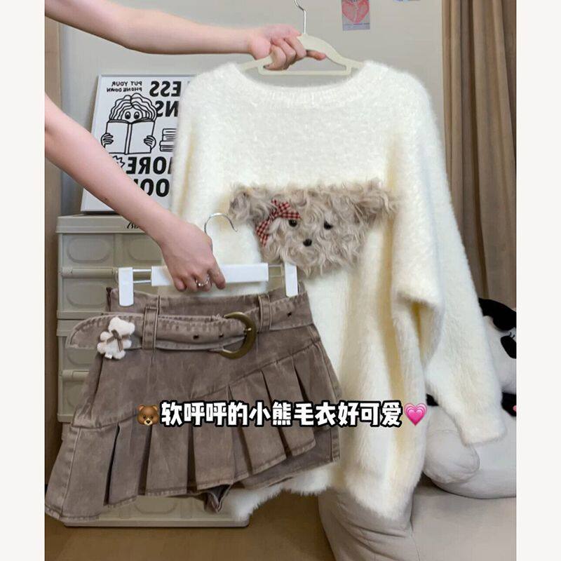 外贸出口转内销今流行漂亮套装裙秋季新款可爱减龄宽松长袖毛衣百