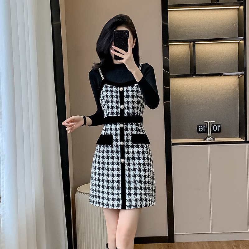 外贸出口转内销小香风千鸟格背带连衣裙女秋冬季高级感气质打底毛
