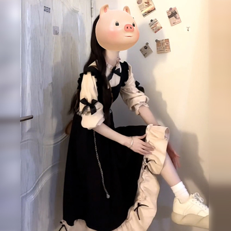 外贸出口转内销黑色背带连衣裙子女秋冬季新款学院风高级感小个子
