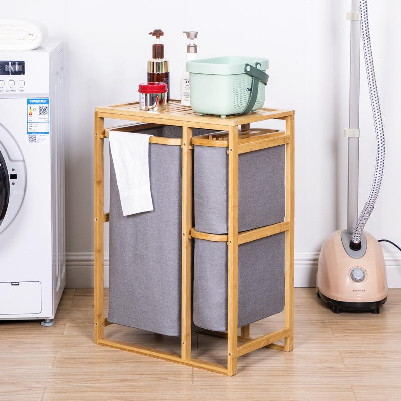 家用日式简易实木脏衣篓置物架多层收纳柜衣篓篮浴室落地储物架子