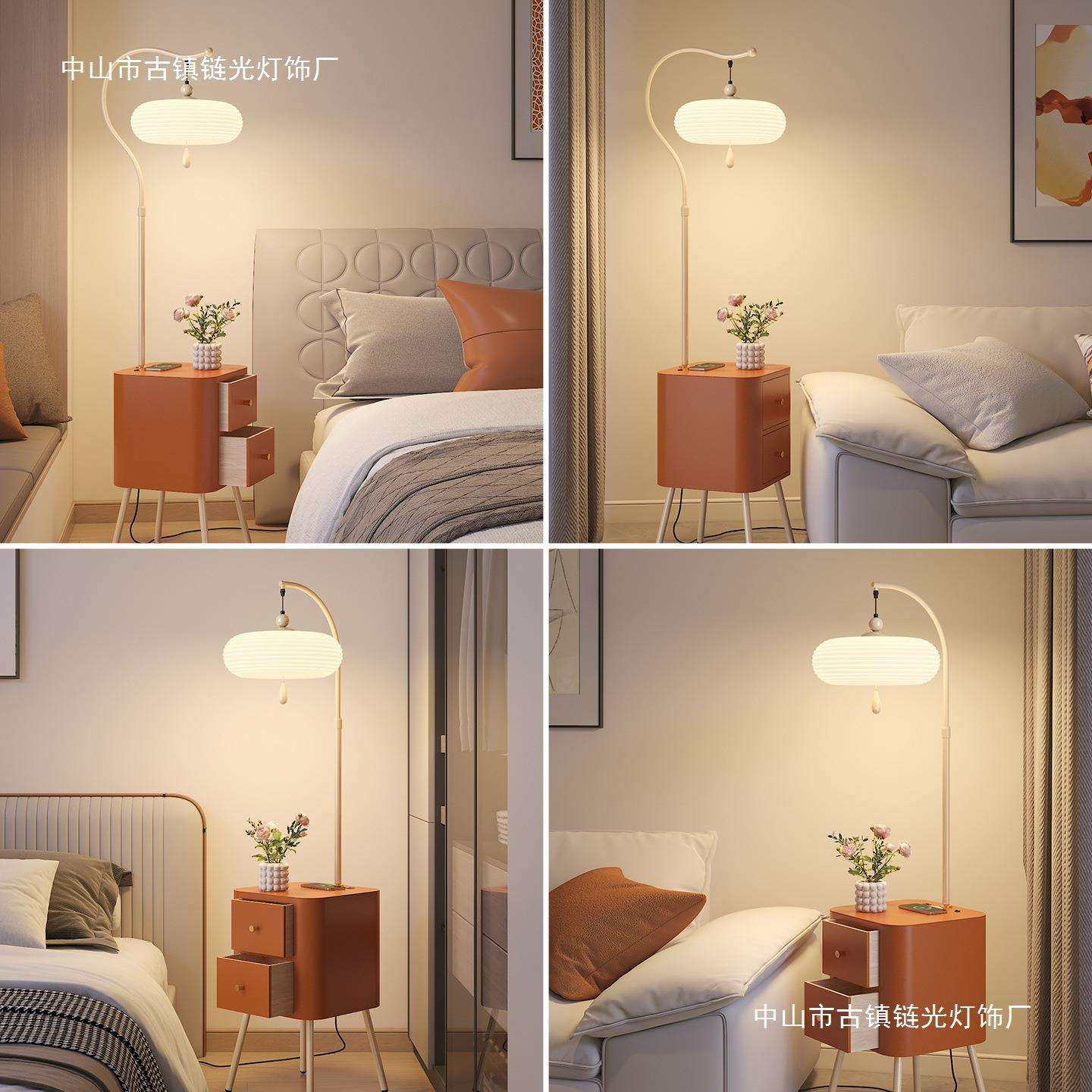 中古落地灯客厅沙发边几美式复古胡桃木色卧室床头置物柜一体台灯