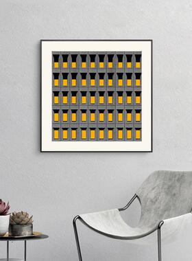现代简约装饰画黄色建筑挂画书房客厅画正方形壁画灰色工业风画