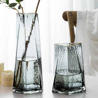北欧创意锤目纹玻璃花瓶透明描金客厅摆件餐桌插花干花瓶工艺品