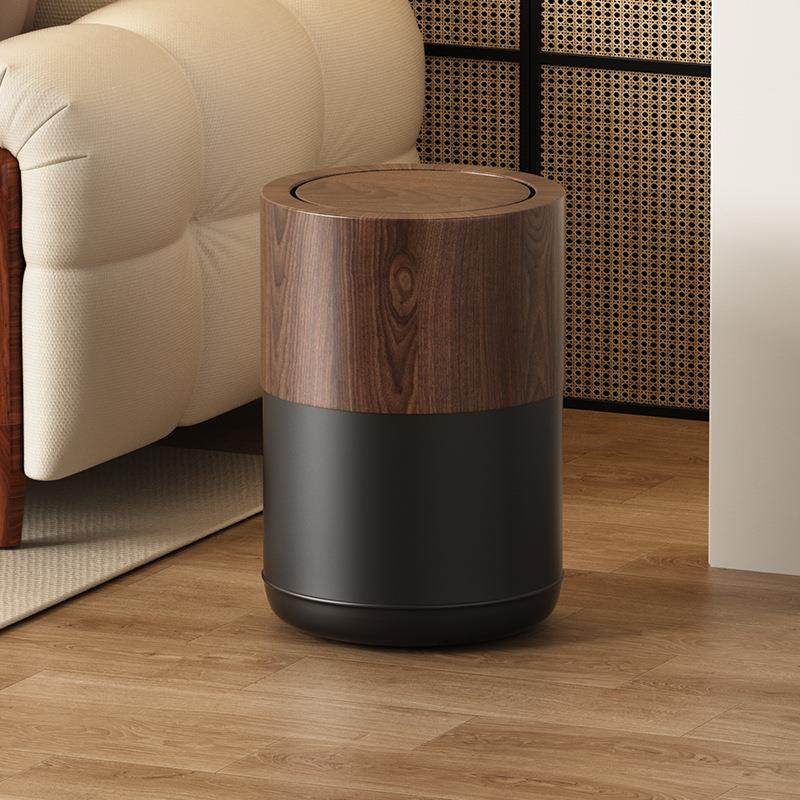 黑胡桃木纹垃圾桶客厅轻奢颜值中式复古风纸篓卧室厨房高级感摇盖