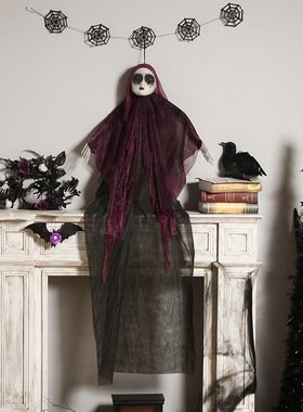 跨境新品 万圣节装饰 恐怖紫色头纱修女女鬼吊饰鬼节鬼屋氛围装扮