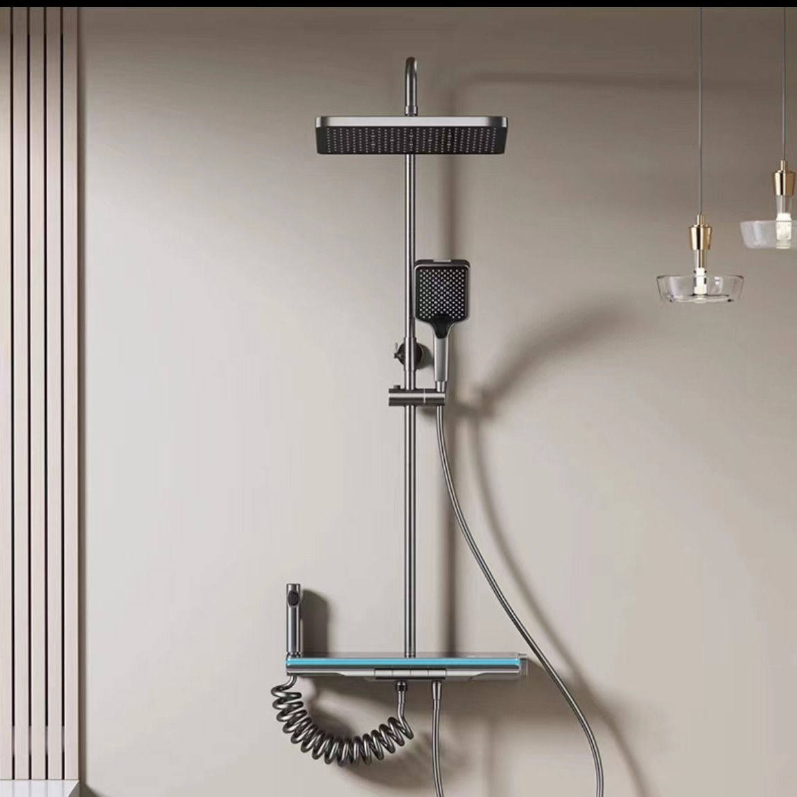 枪灰色恒温氛围灯置物架按键数显无需用电氛围灯按摩淋浴花洒数显,家装主材,恒温花洒套装,淘宝优惠券,粉丝福利购,淘宝优惠卷