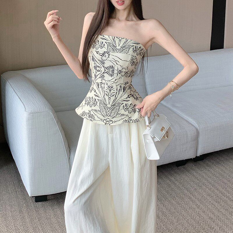 新品时尚套装女夏薄款2025新款无D袖抹胸上衣高腰宽松休闲阔腿裤