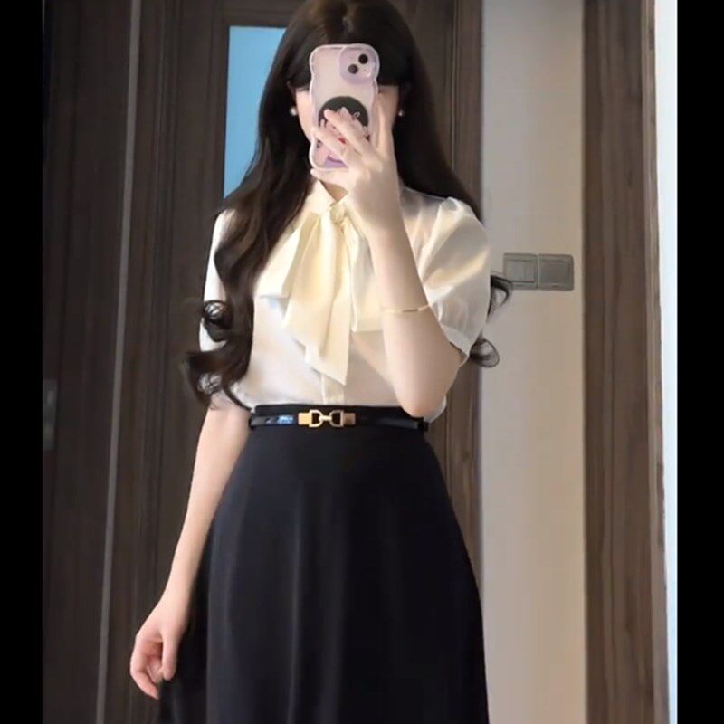 新品白色短袖衬衫女夏教s资面试穿搭正装套装雪纺职业衬衣半身裙