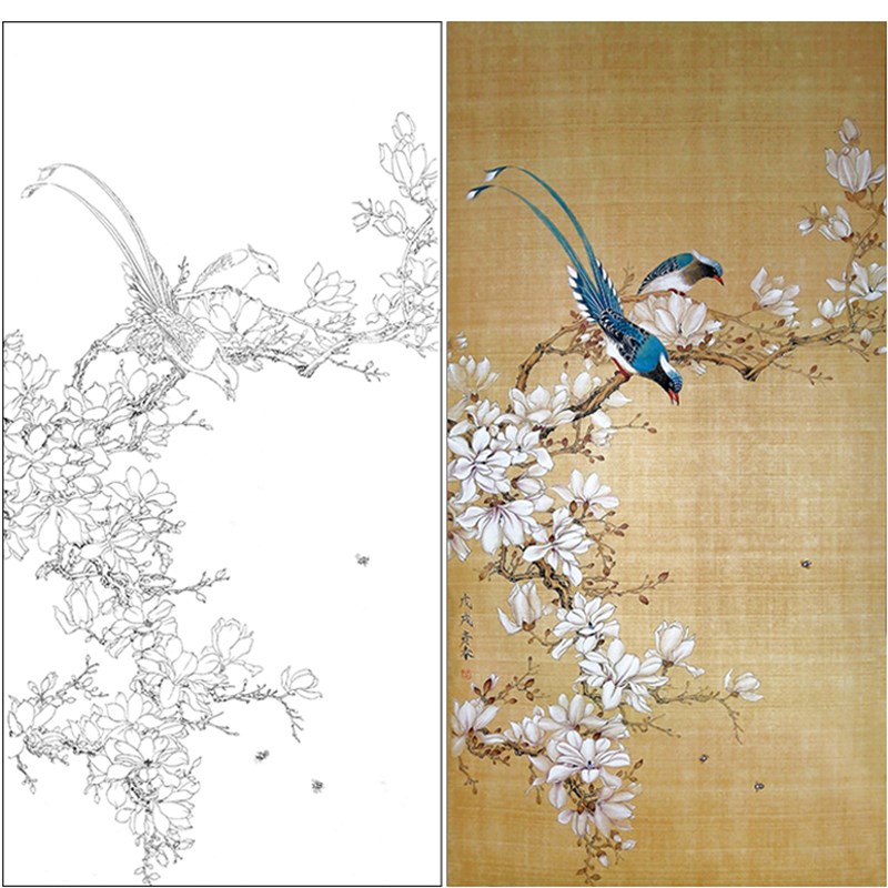 速发工笔画白描底稿玉兰楚彦春复古风花鸟实物打印稿尺寸可选CY10