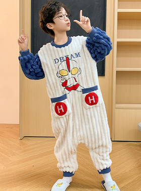 新品男童睡d袋珊瑚绒秋冬季防踢家居服加厚婴儿儿童100码小童连体