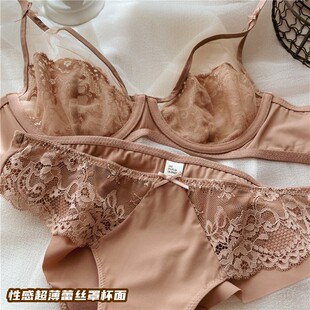 新品文胸罩性感蕾丝超q薄透明大码聚拢内衣套装有钢圈上托大胸显