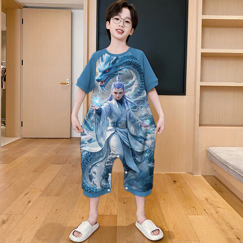 新品敖丙儿童连体睡衣男童宝宝夏季D短袖薄款纯棉男孩睡袋防踢被