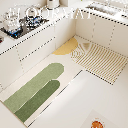 奶油风厨房地垫L型硅藻泥吸水脚垫耐脏防滑防油防污7字形转角地毯