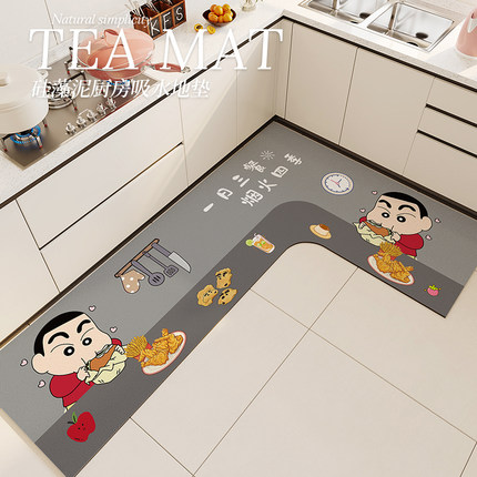 黑色耐脏卡通厨房地垫硅藻泥吸水L型防滑地毯防油防污7字型转角垫