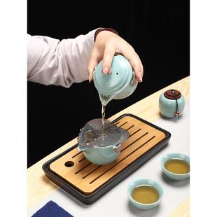 家用办公茶壶茶杯 汝窑快客杯一壶二四杯便携旅行陶瓷功夫茶具套装