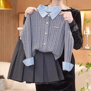 TTIT女童学院风毛衣开衫秋冬2025新款儿童灰色针织衫大童洋气套装