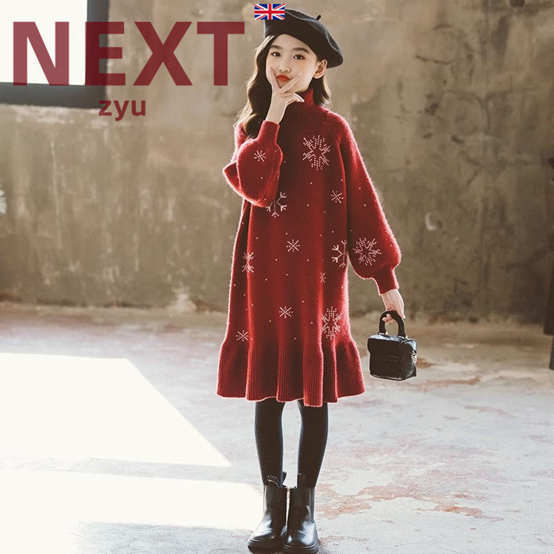 英国NEXT ZYU官方正品女童秋冬连衣裙新款大童过年红毛衣裙子圣诞