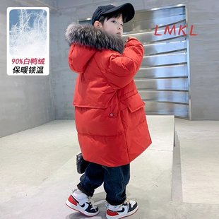 英国LMKL男童冬装红色中长款羽绒服儿童男孩冬季毛领加厚保暖外套