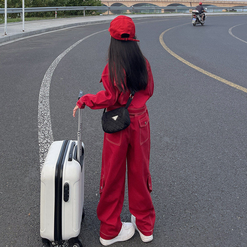 韩国Uamtor女童牛仔工装套装春秋新款时髦女孩中大童炸街洋气童装