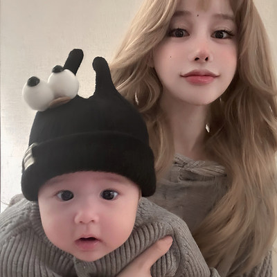 韩国Uamtor婴儿秋冬季帽子超萌卡通眼睛宝宝套头帽婴幼针织毛线帽