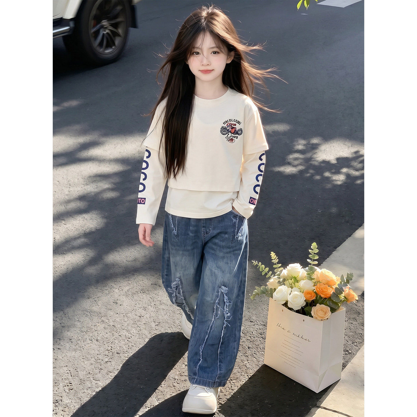 法国BERYDIA女童秋季卫衣套装2026新款假两件上衣洋气时髦衣服潮