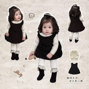 韩国Uamtor女宝宝秋冬装连衣裙婴幼儿甜美花边领打底衫韩版背心裙