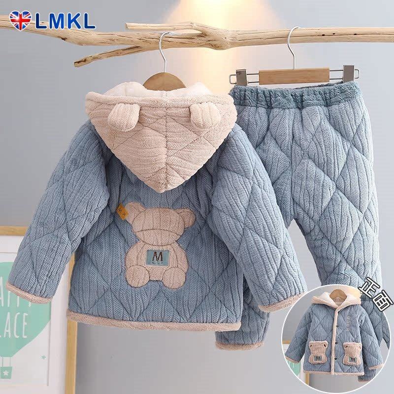 英国LMKL儿童睡衣冬加厚法兰绒夹棉卡通可爱男童家居服珊瑚绒套装