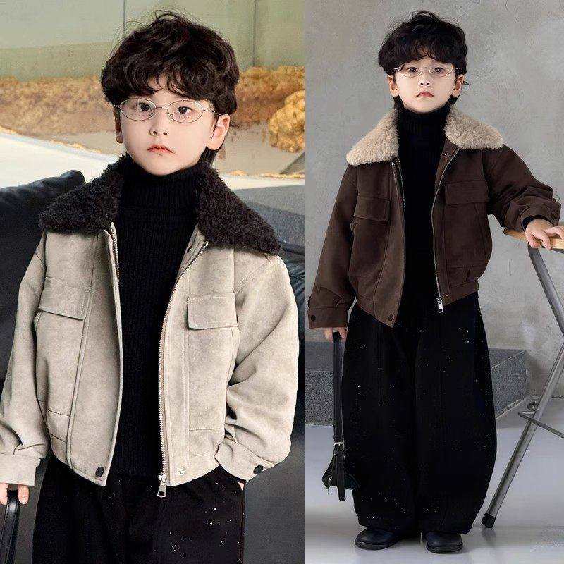 英国Jylj男童外套2025秋冬皮毛一体夹克痞帅加绒加厚洋气夹克上衣