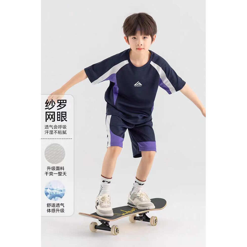 日本夏季透气速干薄款男童运动套装上衣短袖中大童儿童两件套球衣