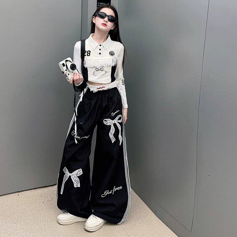 韩国Uamtor时尚潮流女童套装春季新款蕾丝边美式蝴蝶结运动两件套